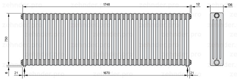 Схема (чертеж) Радиатор Zehnder Charleston 4075/38 №3570 Белый глянцевый RAL 9016